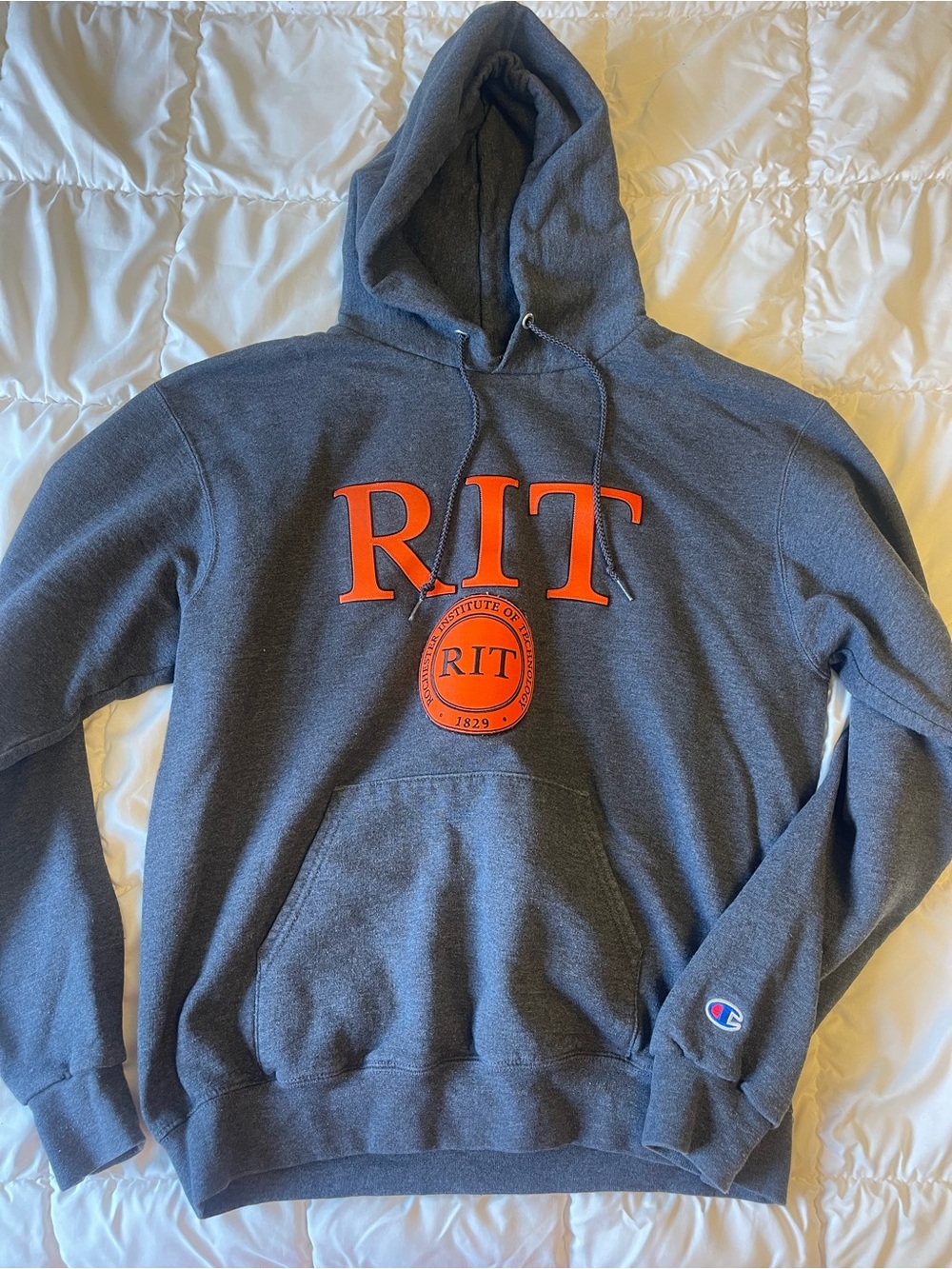 Champion Men's Gray Hoodie with Orange RIT Logo
